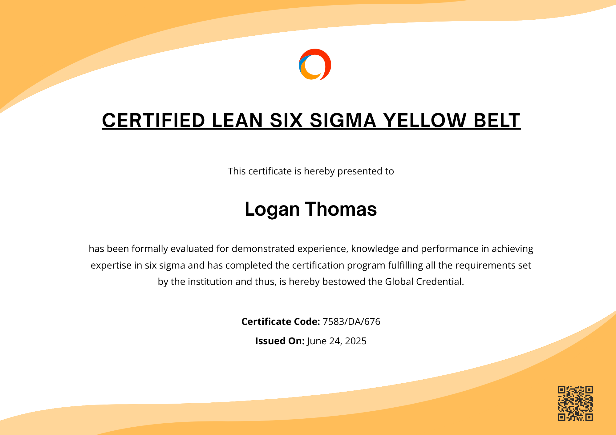 Yellow Belt Six Sigma Certificate Sample